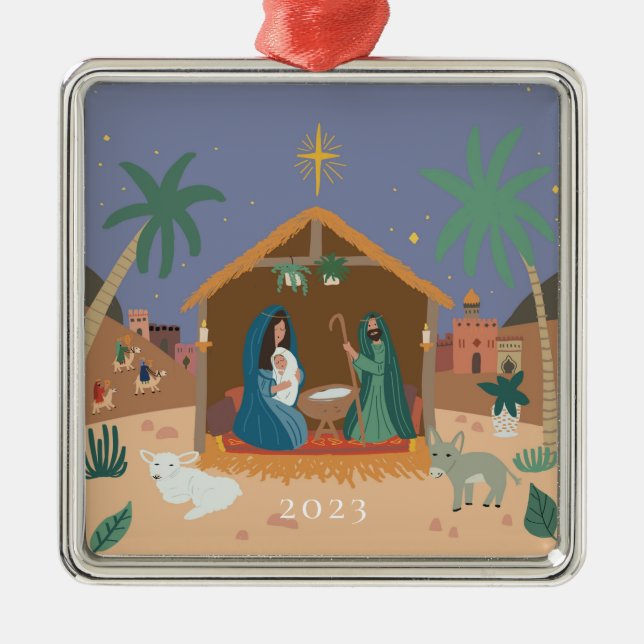 O' Holy Night Nativity Scene Christmas Metal Ornament (Front)
