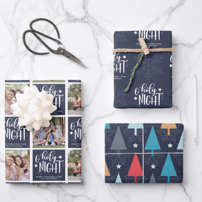 O Holy Night Photo Collage Christmas Tree Pattern  Wrapping Paper Sheet (Front)