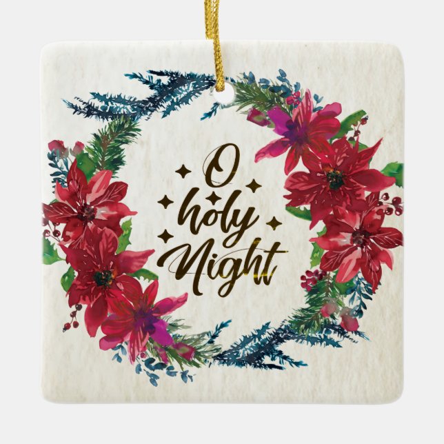O Holy Night Red Poinsettia Personalized Christmas Ceramic Ornament (Front)