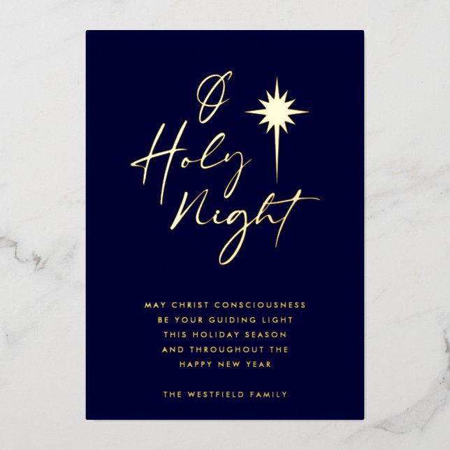 O Holy Night Star of Bethlehem Midnight Blue Gold Foil Holiday Card (Front)