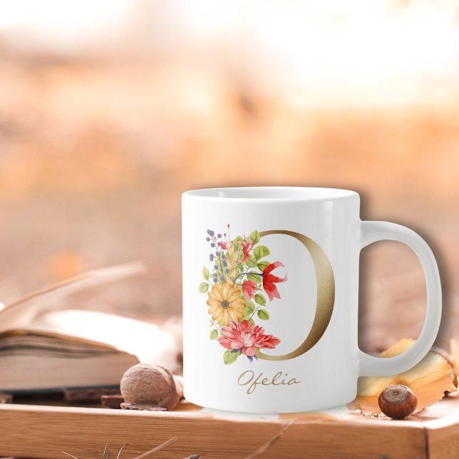 O Letter Gold Monogram Yellow Red Purple Floral Large Coffee Mug (Creator Uploaded)