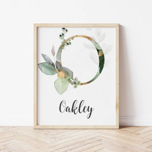 O Letter Monogram Greenery Nursery Name Wall Print