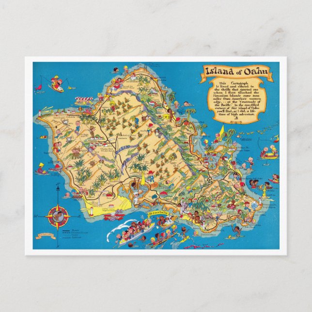 Oahu Funny Vintage Map Postcard (Front)