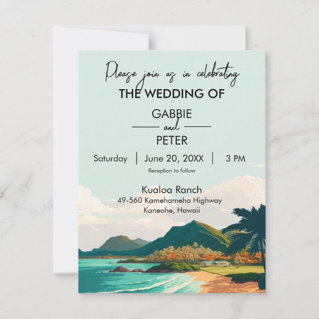 Oahu Hawaii Beach Mountains Ocean Palm Tree Invitation (Front)