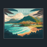 Oahu Hawaii Beach Vintage Retro Postcard<br><div class="desc">Display the beach,  palm trees,  and green,  mountainous coastline of the coast of Oahu,  Hawaii,  USA.</div>