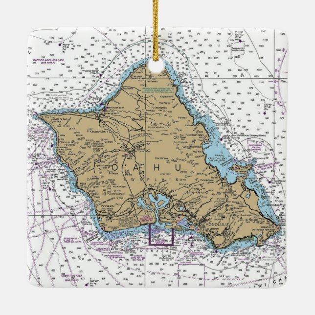 Oahu Hawaii Nautical Chart Ceramic Ornament (Back)