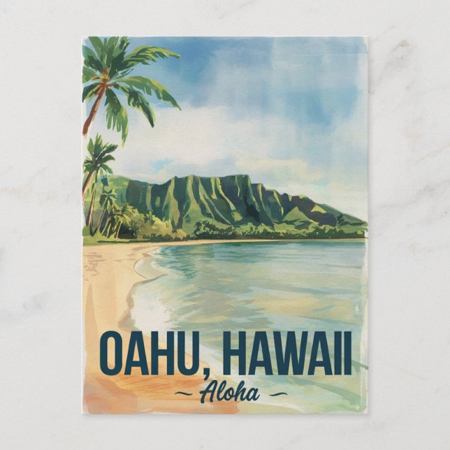  Oahu Hawaii Watercolor Painting Travel Postcard (Front)