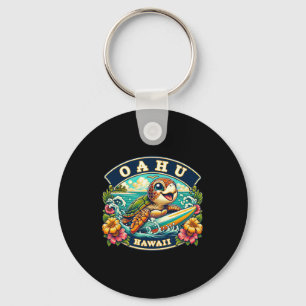 Oahu Hawaiii Cute Sea Turtle Surfing Keychain