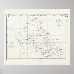 Oahu Island, Hawaii, Vintage Map 1887 Poster