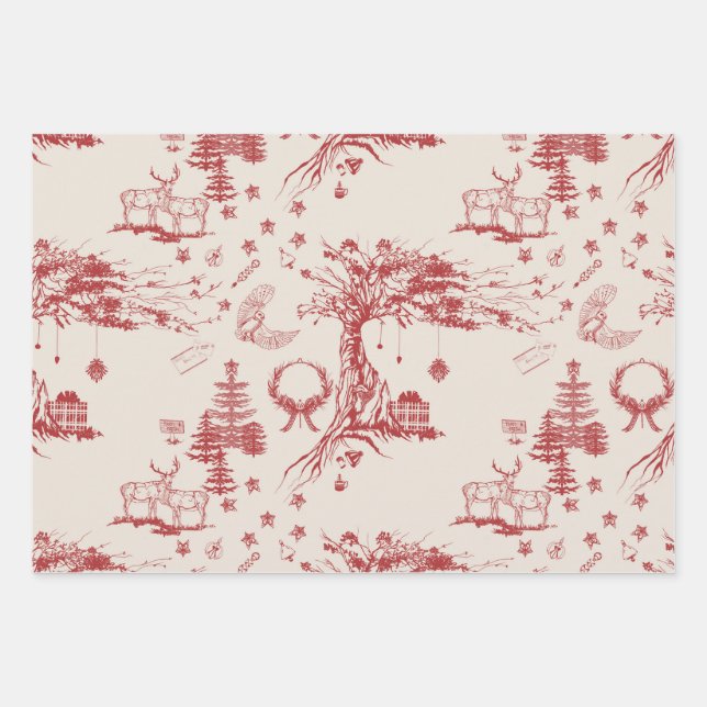 Oak and Elk holiday toile in Brick Red Wrapping Paper Sheet (Front)