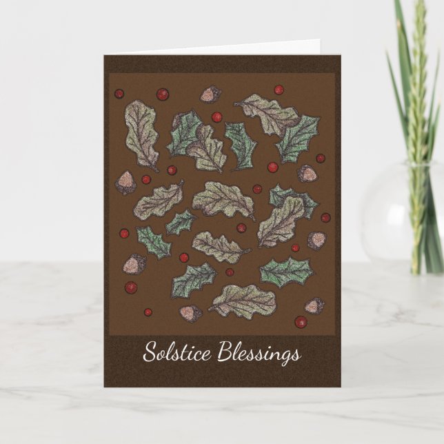 Oak and Holly Solstice Yule Brown Background Card (Front)