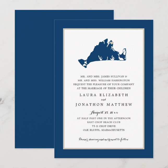 Oak Bluffs Marthas Vineyard Blue Map Wedding Invit Invitation (Front/Back)