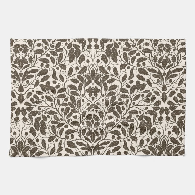 Oak branches and leaves, damask pattern in brown a kitchen towel (Horizontal)