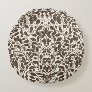 Oak branches and leaves, damask pattern in brown a round pillow