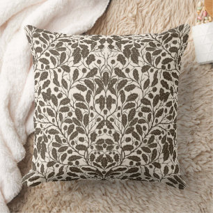 Oak branches and leaves, damask pattern in brown a throw pillow