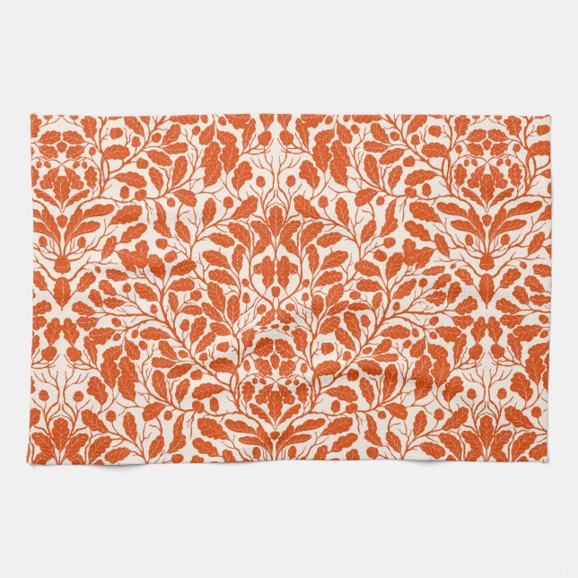 Oak branches and leaves, damask pattern in dark or kitchen towel (Horizontal)