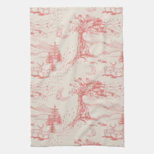 Oak & Elk Everyday Toile in Pink Coral & cream Kitchen Towel