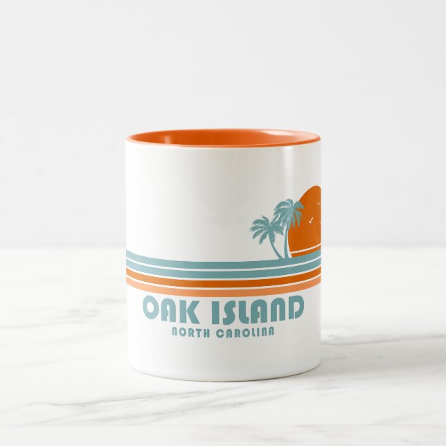 Oak Island North Carolina Sun Palm Trees Two-Tone Coffee Mug (Center)
