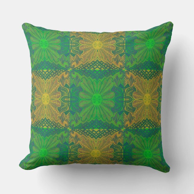 Oak King, bohemian floral pattern, green & yellow Throw Pillow (Front)