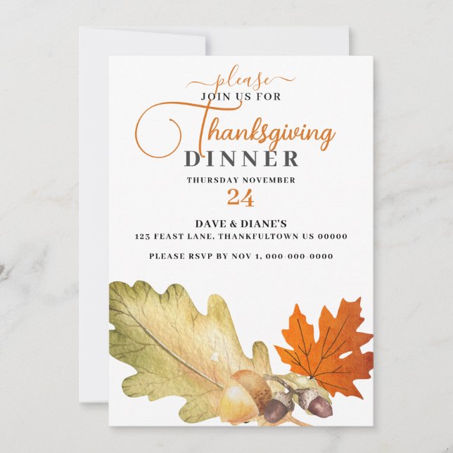 Oak Leaf & Acorns Thanksgiving Dinner  Invitation (Front)