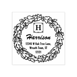 Oak Leaf Acorns Wreath Monogram Return Address Rubber Stamp