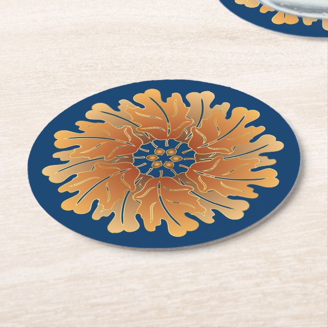 Oak Leaf and Acorn Rosette Round Paper Coaster (Angled)