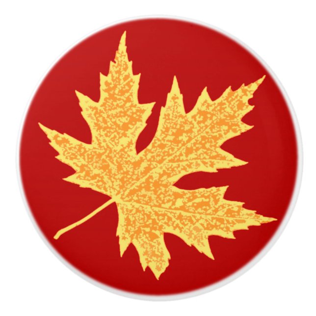 Oak leaf - deep red and saffron ceramic knob (Front)