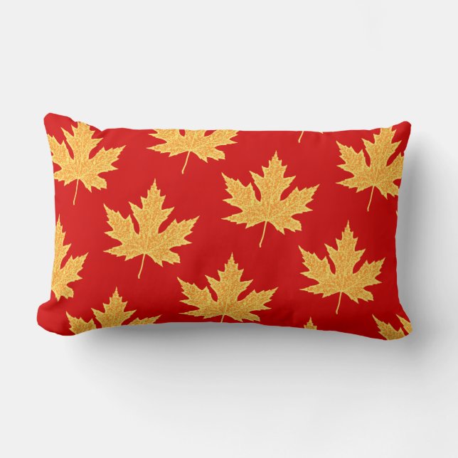 Oak leaf - deep red and saffron lumbar pillow (Front)