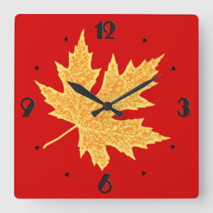 Oak leaf - deep red and saffron square wall clock