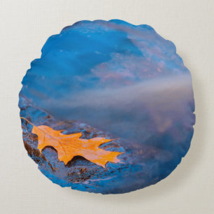 Oak leaf on rock in Rosseau River Round Pillow