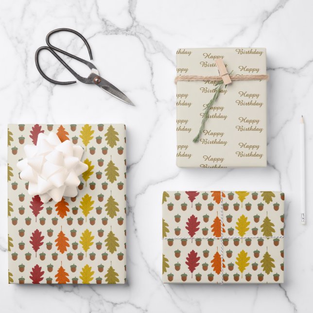 Oak leaves and Acorns Fall Autumn Patterned Wrapping Paper Sheet (Front)