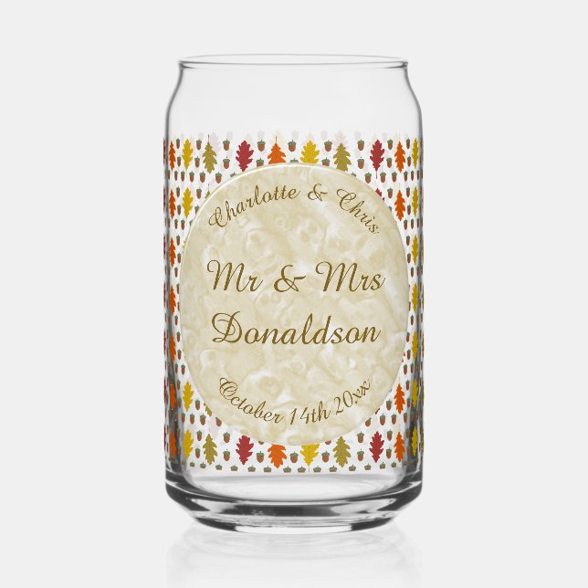 Oak leaves and Acorns Fall Autumn Wedding Custom Can Glass (Front)