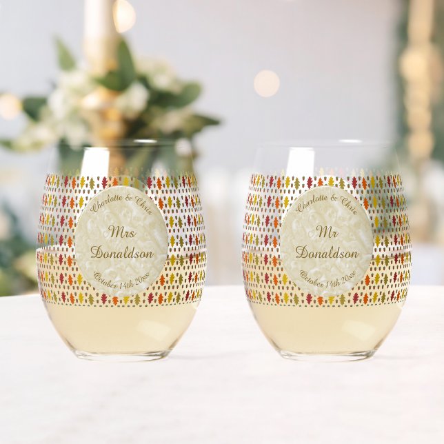 Oak leaves and Acorns Fall Autumn Wedding Custom Stemless Wine Glass (Insitu (Wedding))