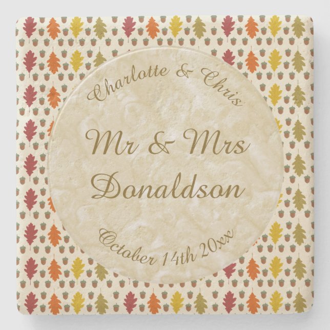 Oak leaves and Acorns Fall Autumn Wedding Custom Stone Coaster (Front)