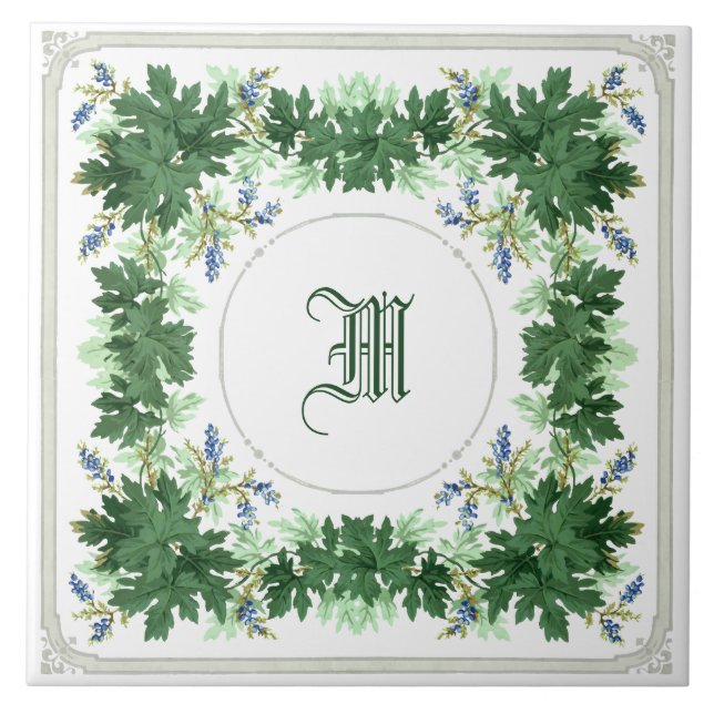 Oak Leaves & Berries Wreath Border Monogram Tile (Front)
