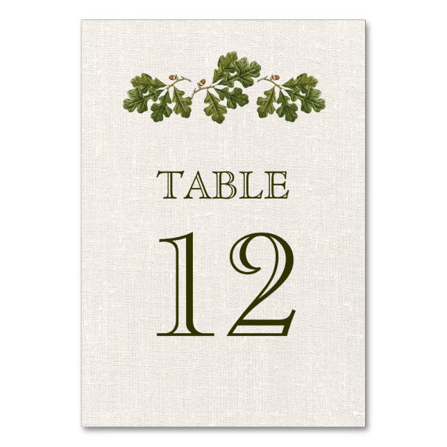 Oak Leaves Burlap Texture Wedding  Table Number (Front)