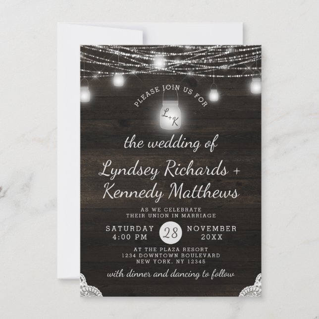 Oak Ridge Rustic Barn Wood & Mason Jars Wedding Invitation (Front)