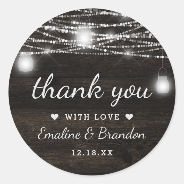 Oak Ridge Rustic Dark Brown Wood Wedding Thank You Classic Round Sticker (Front)