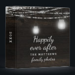 Oak Ridge Rustic Dark Wood Family Photo Album Binder<br><div class="desc">Oak Ridge Rustic Dark Brown Barn Wood, Sparkling Mason Jars, and Glowing String Lights Design with Twinkling strands of dangling lights and jars on a deep rich wood texture with white accents. With Modern Typography Script Fonts. A rustic elegant country farmhouse style design - Personalized Wedding Happily ever after photo...</div>