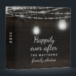 Oak Ridge Rustic Dark Wood Family Photo Album Binder<br><div class="desc">Oak Ridge Rustic Dark Brown Barn Wood, Sparkling Mason Jars, and Glowing String Lights Design with Twinkling strands of dangling lights and jars on a deep rich wood texture with white accents. With Modern Typography Script Fonts. A rustic elegant country farmhouse style design - Personalized Wedding Happily ever after photo...</div>