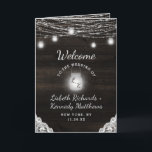 Oak Ridge Rustic Dark Wood & Lace Wedding Ceremony Program<br><div class="desc">Oak Ridge Rustic Dark Brown Barn Wood, Sparkling Mason Jars, and Glowing String Lights Design with Twinkling strands of dangling lights and jars on a deep rich wood texture with white Lace accents. With Modern Typography Script Fonts. A rustic elegant country farmhouse style design - Personalized Wedding Ceremony Folded Program!...</div>