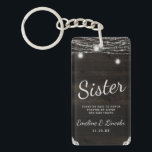 Oak Ridge Rustic Dark Wood To the Sister Quote Keychain<br><div class="desc">Oak Ridge Rustic Dark Brown Barn Wood, Sparkling Mason Jars, and Glowing String Lights Design with Twinkling strands of dangling lights and jars on a deep rich wood texture with white lace accents. With Modern Typography Script Fonts. A rustic elegant country farmhouse style design - Personalized Sister Heartfelt Quote Keepsake...</div>