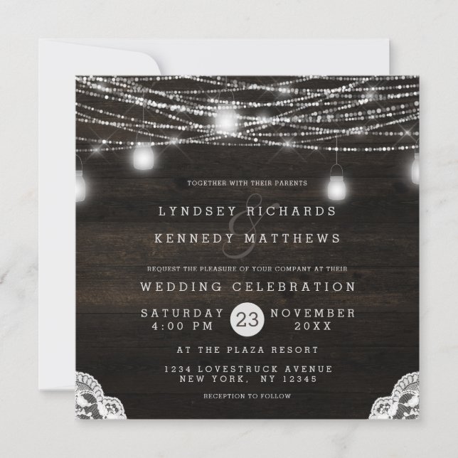 Oak Ridge Rustic Wood & Lace Wedding Square Invitation (Front)