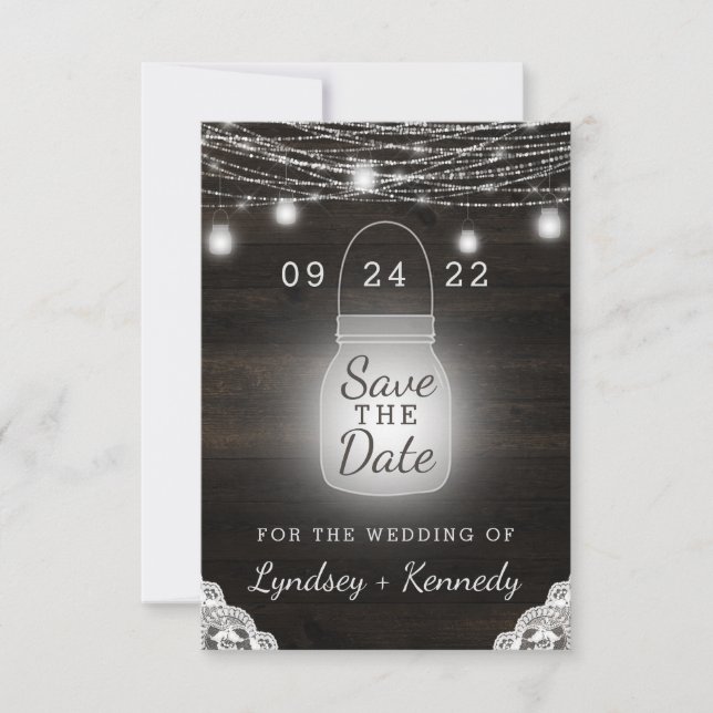 Oak Ridge Rustic Wood Lights & Mason Jars Save The Date (Front)