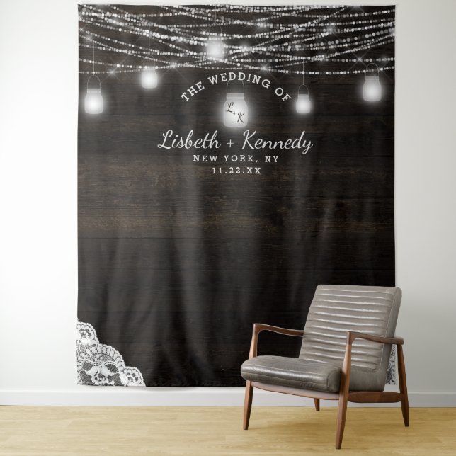 Oak Ridge Rustic Wood Wedding Photo Booth Backdrop Tapestry (In Situ)