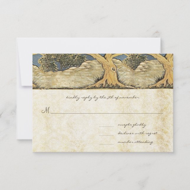 Oak Tree Distressed Damask Metallic Elegance RSVP Card (Front)