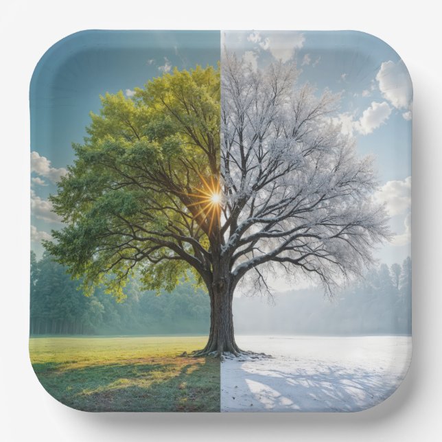 Oak Tree In Dual Seasons Paper Plate (Front)