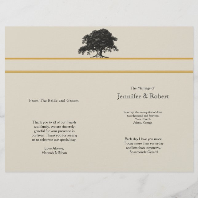 Oak Tree Plantation in Gold Wedding Program (Front)