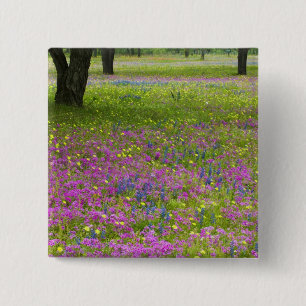 Oak Trees with field of Phlox, Blue Bonnets 2 Inch Square Button