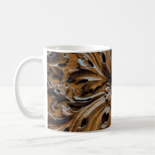 Oak wood carving close up element,carpentry backgr coffee mug